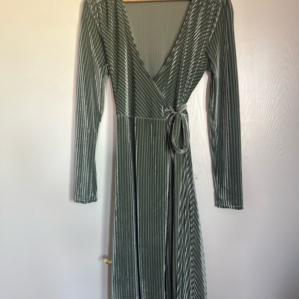 Baltic Born Green Ribbed Wrap Dress Long Sleeve